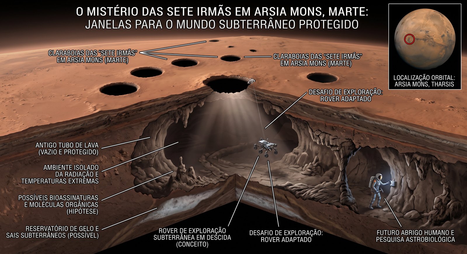 Imagem de capa: As Claraboias de Arsia Mons: Portais Naturais para o Subsolo Marciano