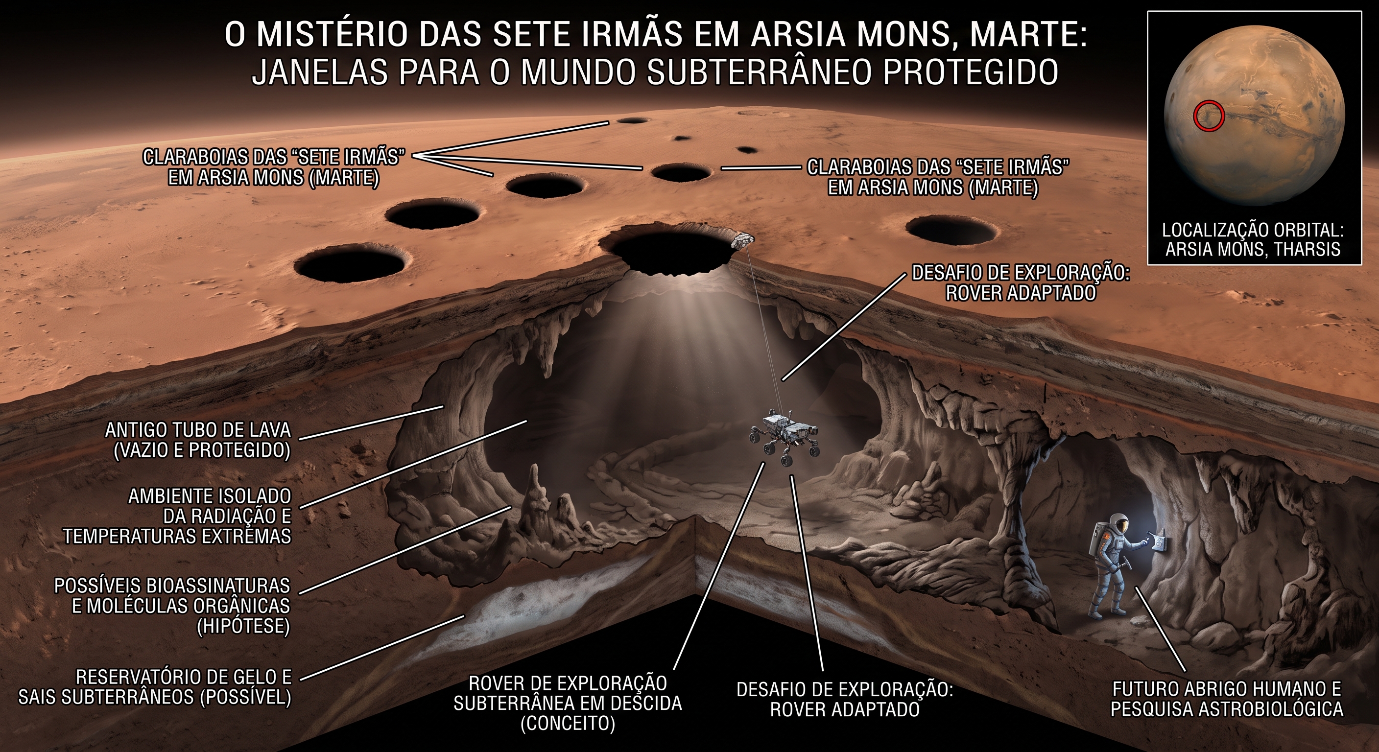 Imagem de capa: As Claraboias de Arsia Mons: Portais Naturais para o Subsolo Marciano