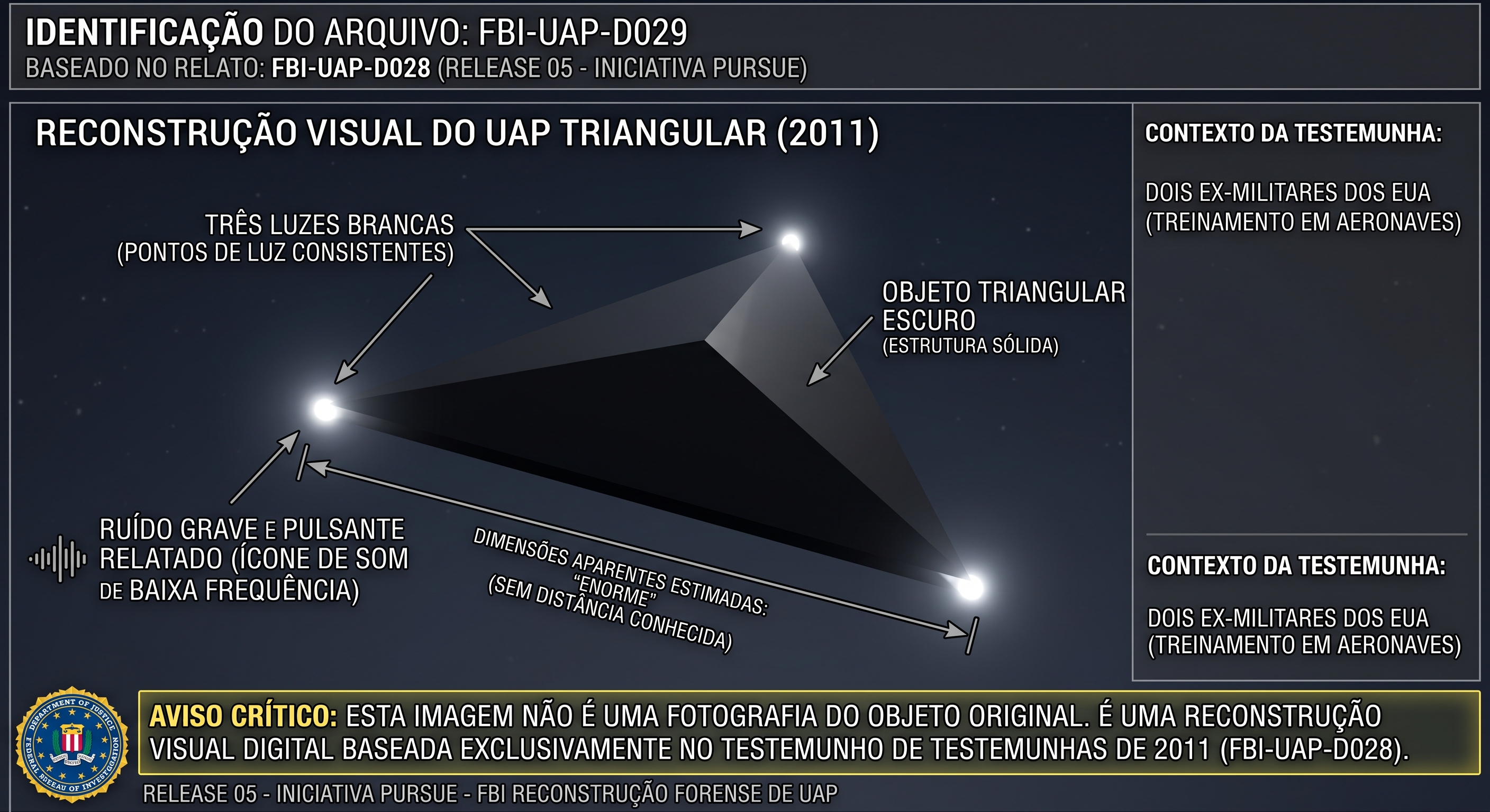 Imagem de capa: Triângulo Escuro com Luzes: O Relato de 2011 que o FBI Transformou em uma Reconstrução Visual